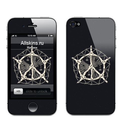 Наклейка на Телефон Apple iPhone 4S, 4 Мир из костей,  купить в Москве – интернет-магазин Allskins, кости, скелет, мир, пауки, колючки, черное и белое, иллюстация, хоррор, хэллоуин