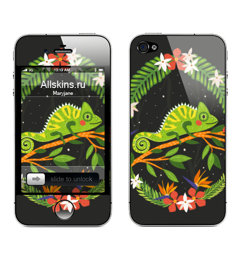Наклейка на Телефон Apple iPhone 4S, 4 Тропический хамелеон,  купить в Москве – интернет-магазин Allskins, тропики, отпуск, лето, рептилия, хамелеон, цветы, листья, пальма, зеленый, ветви
