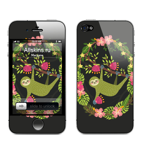 Наклейка на Телефон Apple iPhone 4S, 4 Зеленый ленивец,  купить в Москве – интернет-магазин Allskins, ленивец, зеленый, чувства, тропики, цветы, листья, монстера, розовый, шерсть, веселый