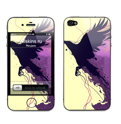 Наклейка на Телефон Apple iPhone 4S, 4 Рисунок полет ворона,  купить в Москве – интернет-магазин Allskins, ворона, птицы, абстракция, графика, акварель, брызги, рисунки, Крылья