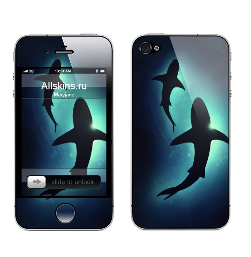 Наклейка на Телефон Apple iPhone 4S, 4 Черные акулы,  купить в Москве – интернет-магазин Allskins, брызги, акварель, иллюстация, паттерн, солнце, вода, оекан, морская, рыба, акула