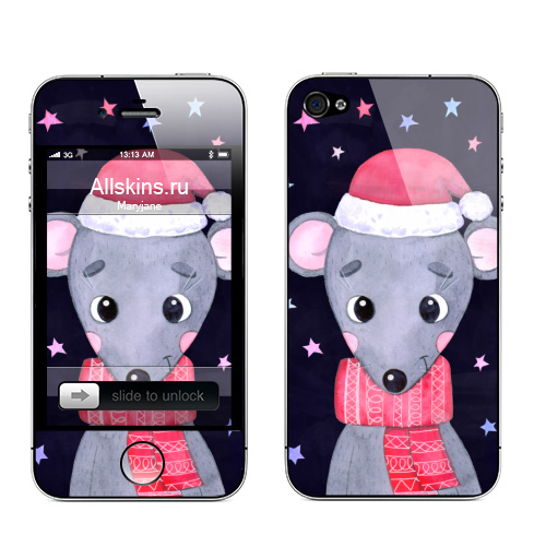 Наклейка на Телефон Apple iPhone 4S, 4 Новогодняя мышка,  купить в Москве – интернет-магазин Allskins, крутые животные, мило, годмыши, крысы, новогоднеенастроение, новый год, мышь
