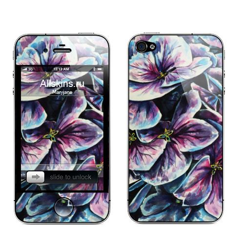 Наклейка на Телефон Apple iPhone 4S, 4 Фиолетовые цветы,  купить в Москве – интернет-магазин Allskins, фиолетовый, акварель, цветокакварель, цветы