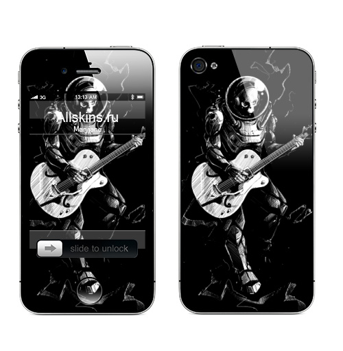 Наклейка на Телефон Apple iPhone 4S, 4 Космический бард,  купить в Москве – интернет-магазин Allskins, скелет, космос, гитара, темнота, шлем