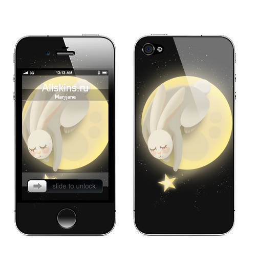 Наклейка на Телефон Apple iPhone 4S, 4 Лунный зайка,  купить в Москве – интернет-магазин Allskins, звездноенебо, ночь, луна, зайяц