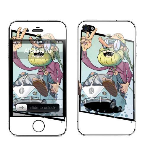 Наклейка на Телефон Apple iPhone 4S, 4 Счастливый Хиппи,  купить в Москве – интернет-магазин Allskins, борода, хиппи, мир, минивэн, графика, винтаж, 70-e