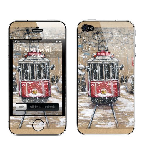 Наклейка на Телефон Apple iPhone 4S, 4 Стамбульский трамвай в снегу,  купить в Москве – интернет-магазин Allskins, трамвай, Стамбул, снег