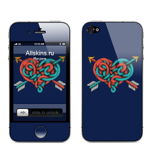 Наклейка на Телефон Apple iPhone 4S, 4 Узел сердца,  купить в Москве – интернет-магазин Allskins, символ, узор, узел, стрела, сердце, сиреневый, красный, серый, желтый, зеленый, бирюзовый, синий