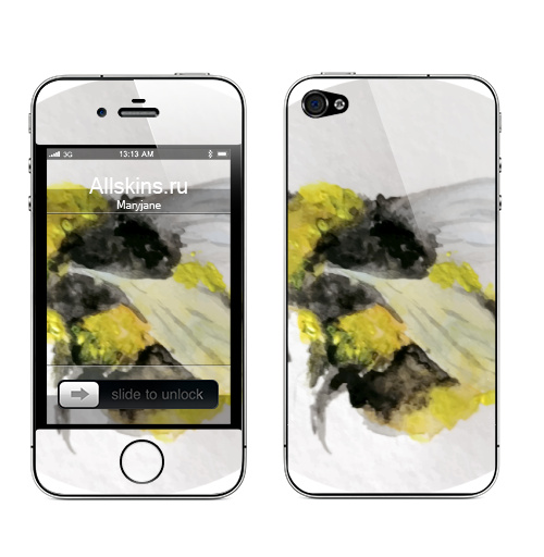 Наклейка на Телефон Apple iPhone 4S, 4 Пчелка в пыльце,  купить в Москве – интернет-магазин Allskins, классика, пчёлка, пыльца, Крылья, мило, красота, желтый, черный, рисунки, акварель, иллюстация, художник, художественный, художница, пушистый, пушистая