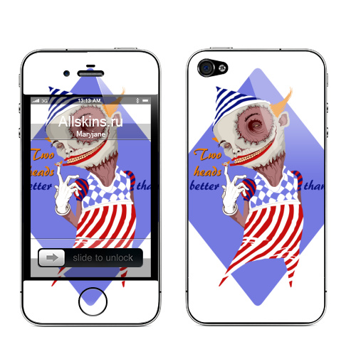 Наклейка на Телефон Apple iPhone 4S, 4 Две головы,  купить в Москве – интернет-магазин Allskins, люди, колпак, Пальцы, кукла, петрушка, фигура, ромб, полосатый, улыбка, голова, цирк