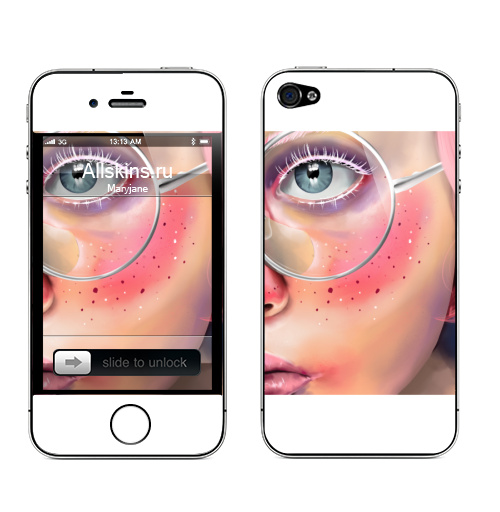 Наклейка на Телефон Apple iPhone 4S, 4 Розовые веснушки,  купить в Москве – интернет-магазин Allskins, девушка, очки, глаз, розовый, портреты, мило, лицо