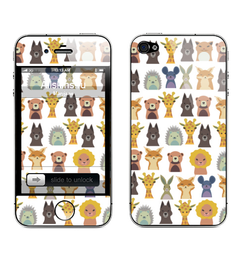 Наклейка на Телефон Apple iPhone 4S, 4 Милый зверинец,  купить в Москве – интернет-магазин Allskins, зверинец, мило, ежик, собаки, зайчонок, медведь, заяц, лев, жираф, животные, скопление, много, головы, бюст, милые животные