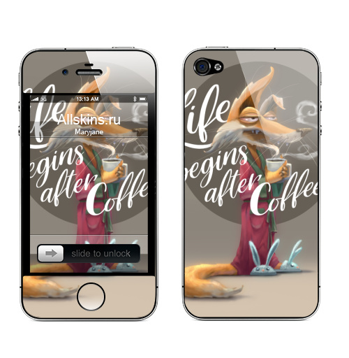 Наклейка на Телефон Apple iPhone 4S, 4 Сначала кофе,  купить в Москве – интернет-магазин Allskins, крутые животные, чай и кофе, халат, лиса, коффе, мотивация