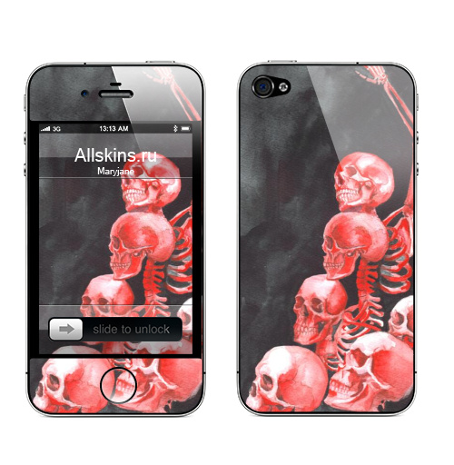 Наклейка на Телефон Apple iPhone 4S, 4 Революция красных скелетов,  купить в Москве – интернет-магазин Allskins, мистика, череп, скелет, красный, революция, акварель, красное на чёрном