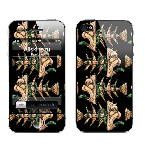 Наклейка на Телефон Apple iPhone 4S, 4 Тварь из бездны,  купить в Москве – интернет-магазин Allskins, тварь, бездна, монстры, змея, скелет, рыба, фантазия, желтый, зеленый