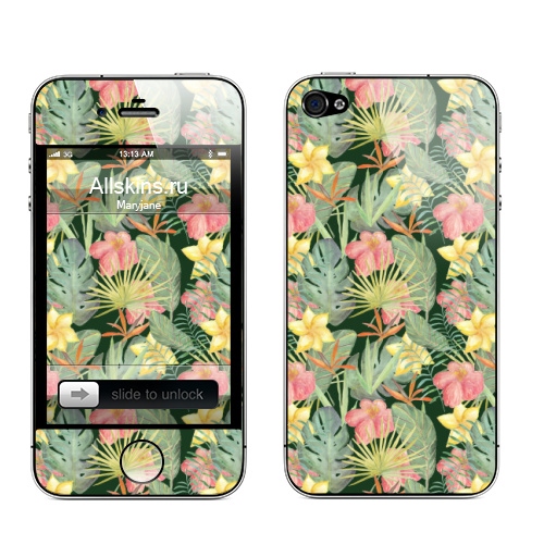 Наклейка на Телефон Apple iPhone 4S, 4 Тропические цветы и листья,  купить в Москве – интернет-магазин Allskins, философские, тропики, экзотический, цветы, листья, джунгли, орхидея, стрелиция, банан, пальма, зеленыйыйй, паттерн, желтый, красный, цветочныйпринт, цветущая