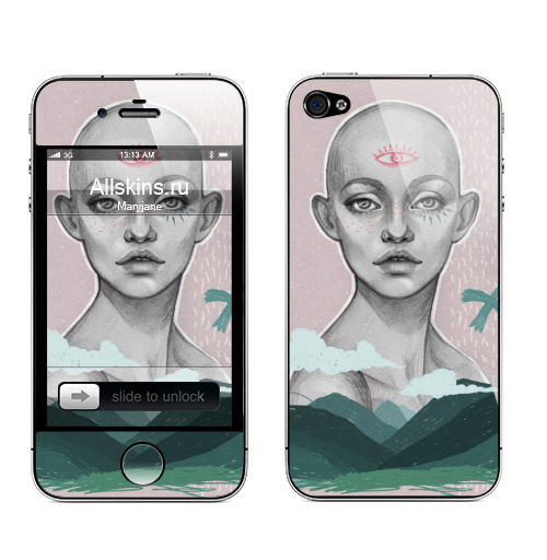 Наклейка на Телефон Apple iPhone 4S, 4 Дух жизни,  купить в Москве – интернет-магазин Allskins, изумрудный, зеленый, розовый, небо, карандаш, графика, лицо, природа, черно-белое, птицы, пастельный, горы, глаз, сюрреализм, девушка