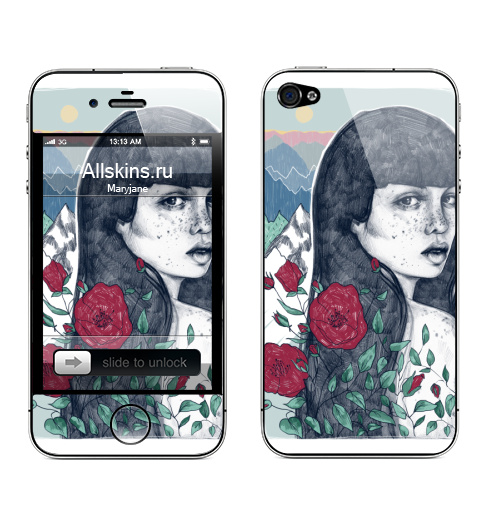Наклейка на Телефон Apple iPhone 4S, 4 Душа гор,  купить в Москве – интернет-магазин Allskins, девушка, лицо, портреты, цветы, мак, горы, природа, дух, пастельный, графика, карандаш, нежно