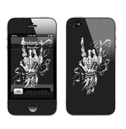 Наклейка на Телефон Apple iPhone 4S, 4 Роцк Рок Хард,  купить в Москве – интернет-магазин Allskins, стритарт, татуировки, рокнролл, скелет, череп, руки, черно-белое, графика