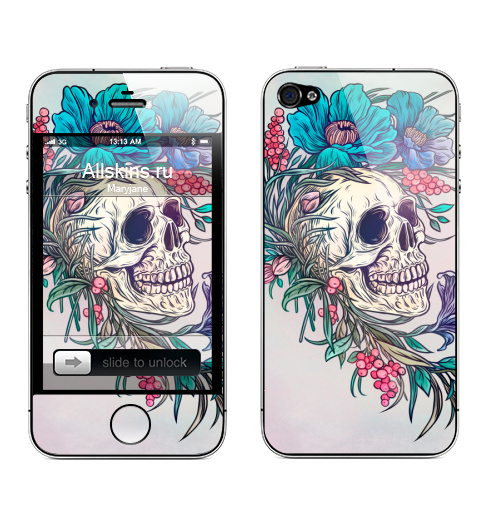 Наклейка на Телефон Apple iPhone 4S, 4 Череп флора,  купить в Москве – интернет-магазин Allskins, мистика, скелет, череп, цветы, татуировки, хэллоуин, букет