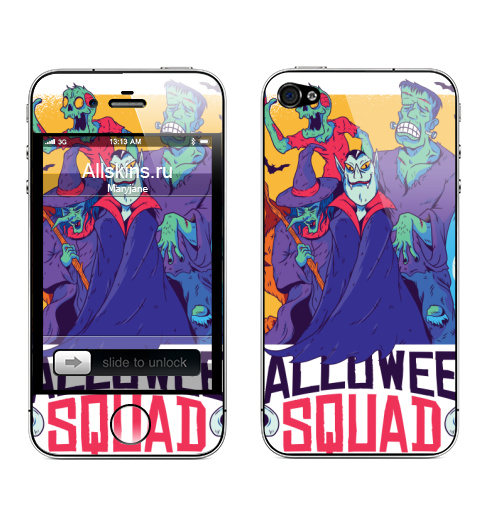 Наклейка на Телефон Apple iPhone 4S, 4 Хэллоуинский отряд,  купить в Москве – интернет-магазин Allskins, мистика, хэллоуин, отряд, монстры, привидение, зомби, франкенштейн, магия, Летучая_мышь