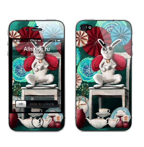Наклейка на Телефон Apple iPhone 4S, 4 В стране чудес,  купить в Москве – интернет-магазин Allskins, страна чудес, кролики, чайник, чайныйдом, фламинго
