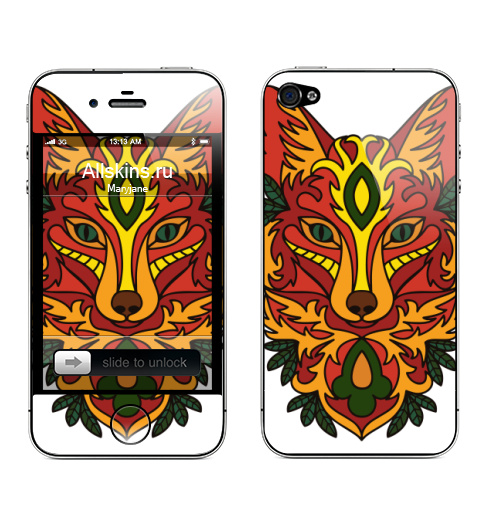 Наклейка на Телефон Apple iPhone 4S, 4 Рыжая лиса тотем,  купить в Москве – интернет-магазин Allskins, классика, лиса, лису, трайбл, тотемное животное, татуировки