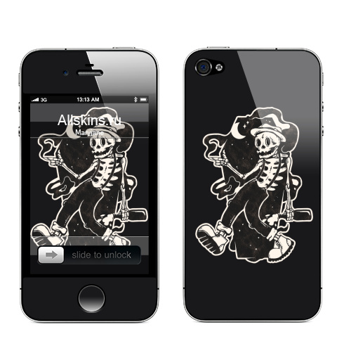 Наклейка на Телефон Apple iPhone 4S, 4 Вечерний променад,  купить в Москве – интернет-магазин Allskins, стритарт, скелет, черно-белое, олдсул, алкоголь, веселый, череп, смерть, прогулка