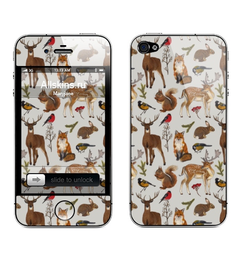 Наклейка на Телефон Apple iPhone 4S, 4 Рождественские лесные звери.,  купить в Москве – интернет-магазин Allskins, лесные животные, лес, животные, олень, белка, лиса, новый год