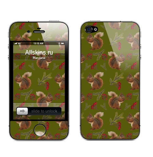 Наклейка на Телефон Apple iPhone 4S, 4 Зимние белочки зеленый цвет,  купить в Москве – интернет-магазин Allskins, белка, белки, зима, лес, новый год, животные