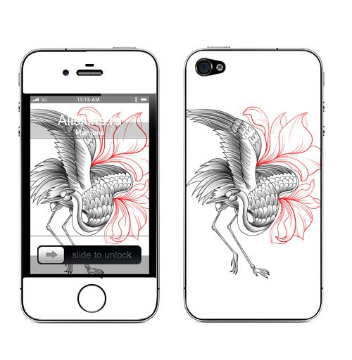 Наклейка на Телефон Apple iPhone 4S, 4 А и с т,  купить в Москве – интернет-магазин Allskins, аист, татуировки, птицасчатья, цветы, цветочныйпринт, животные, птицы, татту, стильно, черно-белое, линия
