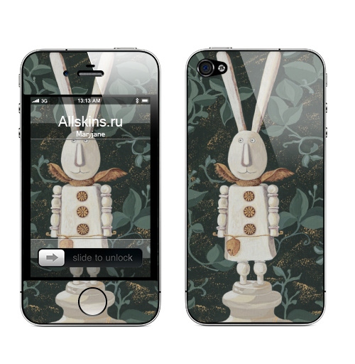 Наклейка на Телефон Apple iPhone 4S, 4 Рождественский заяц,  купить в Москве – интернет-магазин Allskins, стильно, прикол, детские, узор, животные, новый год, кролики, заяц, сюрреализм