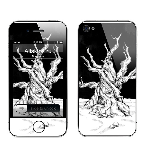 Наклейка на Телефон Apple iPhone 4S, 4 Старое дерево с дверью и ветками черно-белое,  купить в Москве – интернет-магазин Allskins, лес, ветка, черно-белое, графика, гравюра, дверь, черный_фон