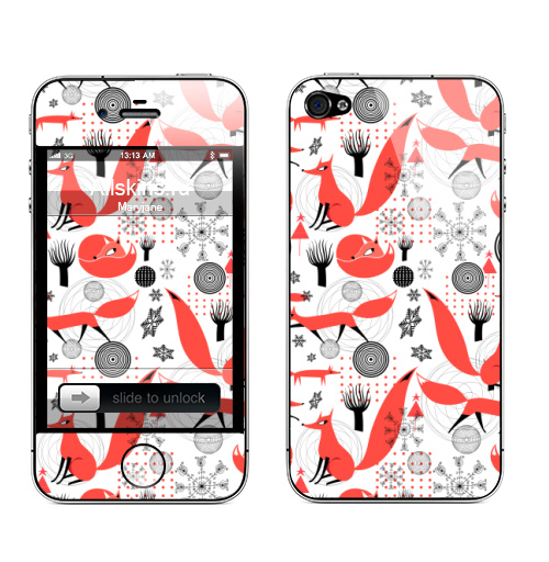 Наклейка на Телефон Apple iPhone 4S, 4 Красные лисы,  купить в Москве – интернет-магазин Allskins, стритарт, лису, графика, иллюстрацияпринт, животные, природа, иллюстация, сказки, оформление, лиса