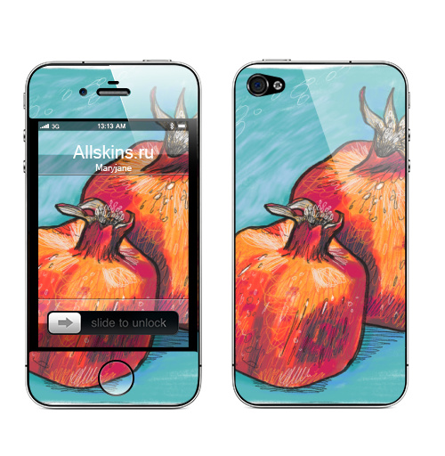 Наклейка на Телефон Apple iPhone 4S, 4 Два граната,  купить в Москве – интернет-магазин Allskins, поп-арт, фрукты, гранат, скетч, яркий, контраст, красный, цифровая, графика, иллюстация, квадрат, диджитал, экспрессия, цвет