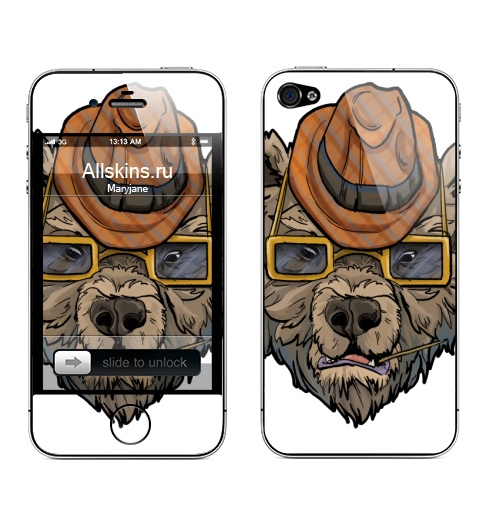 Наклейка на Телефон Apple iPhone 4S, 4 Потапыч забурел,  купить в Москве – интернет-магазин Allskins, сюрреализм, медведь, шляпа, очки, бурый, зверушки, животное, косолапый