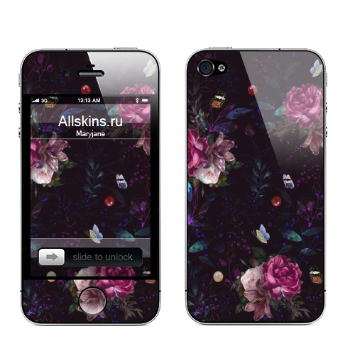 Наклейка на Телефон Apple iPhone 4S, 4 Роскошные розы,  купить в Москве – интернет-магазин Allskins, цветочныйпринт, девчачий, девушке, рококо, барокко, дляженщин, Темная, яркий, изящно, цветырозы, бабочки, цветы, жемчуг, синий, розовый, розы, дорого, роскошно, паттерн, классика