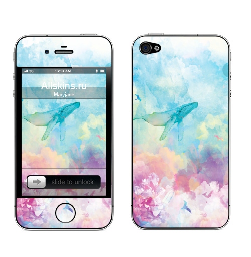 Наклейка на Телефон Apple iPhone 4S, 4 Полёт кита,  купить в Москве – интернет-магазин Allskins, летний, весенний, небо, птицы, персиковый, кристальный, радужный, розовый, голубой, длявсех, роскошно, нежно, акварель, пастельный, фантазия, фантастика, пейзаж, полёт, киты, сюрреализм