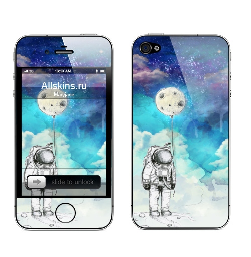 Наклейка на Телефон Apple iPhone 4S, 4 Космонавт на луне,  купить в Москве – интернет-магазин Allskins, луна, космонавтика, космонавтики, воздушныйшар, небо, ночноенебо, пейзаж, акварель, сюрреализм, голубой, синий, фиолетовый, стильно, яркий, роскошно, дорого, для_влюбленных, длявсех, космос