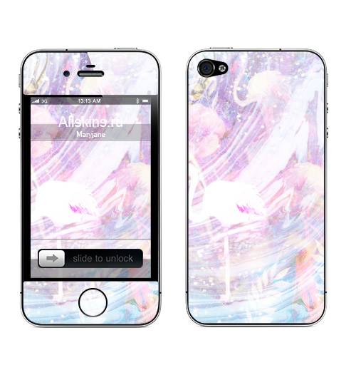 Наклейка на Телефон Apple iPhone 4S, 4 Райский фламинго,  купить в Москве – интернет-магазин Allskins, сюрреализм, фламинго, розовый, фиолетовый, нежно, пастельный, цветы, элегантный, дорого, яркий, светлый