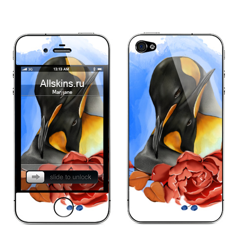 Наклейка на Телефон Apple iPhone 4S, 4 Пингвинчики нежатся,  купить в Москве – интернет-магазин Allskins, ораньжевый, желтый, животные, цветочныйпринт, цветы, синий, голубой, влюблённым, пингвин