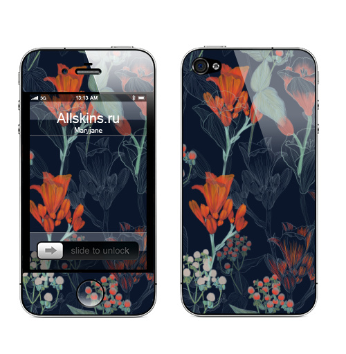 Наклейка на Телефон Apple iPhone 4S, 4 Мистический ночной сад,  купить в Москве – интернет-магазин Allskins, мистика, магия, красные цветы, ягоды, бесшовный, ночной сад, мистический, цветы, алый, черный, красный, змея, флора, таро, контраст, черно-карасный