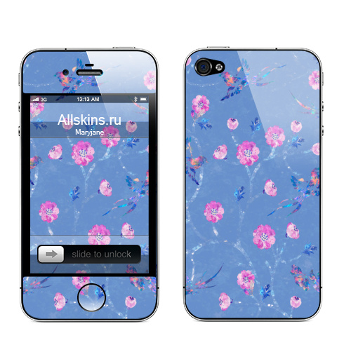 Наклейка на Телефон Apple iPhone 4S, 4 Вишня в цвету,  купить в Москве – интернет-магазин Allskins, стильно, роскошно, дорого, элегантно, пастельный, нежно, деревовцвету, цветущеедерево, лес, птицы, розовый, голубой, самоцветы, камни, паттерн, цветочныйпринт, вишня, цветущая, сакура, классика