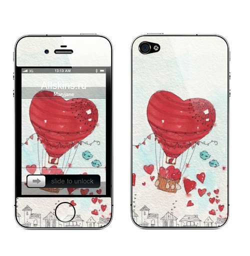 Наклейка на Телефон Apple iPhone 4S, 4 Любовь в тебе,  купить в Москве – интернет-магазин Allskins, мотивация, сердце, сердечки, воздушныйшар, полёт, город, небо