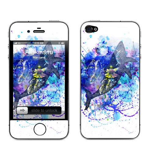 Наклейка на Телефон Apple iPhone 4S, 4 Кит и маяк,  купить в Москве – интернет-магазин Allskins, морская, красочно, красочный, океаны, акварельныйпортрет, акварельныйпринт, киты, луна, абстракция, яркий, акварель, брызги, голубой, синий, маяк, сюрреализм