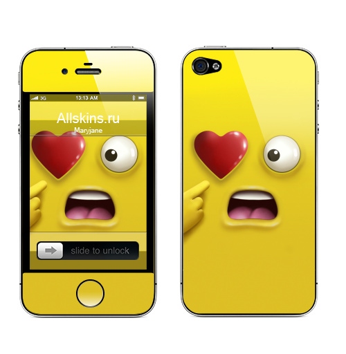 Наклейка на Телефон Apple iPhone 4S, 4 У меня чего это растет,  купить в Москве – интернет-магазин Allskins, тело, прикол, крик, дизайнер, стильно, желтый, персонажи, голова, графика, улыбка, любовь, иллюстация, морда, удивление, лицо, сердце