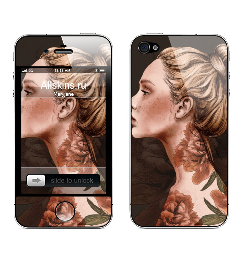 Наклейка на Телефон Apple iPhone 4S, 4 Акварельный портрет девушки с татуировкой пионы,  купить в Москве – интернет-магазин Allskins, ботаническаяиллюстрация, татупион, пион, акварельныйпортрет, классика