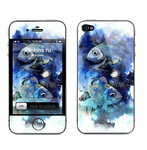 Наклейка на Телефон Apple iPhone 4S, 4 Небесные рыбы,  купить в Москве – интернет-магазин Allskins, мистика, зодиак, рыба, ночь, луна, магия, лес, персонажи, синий, плавать
