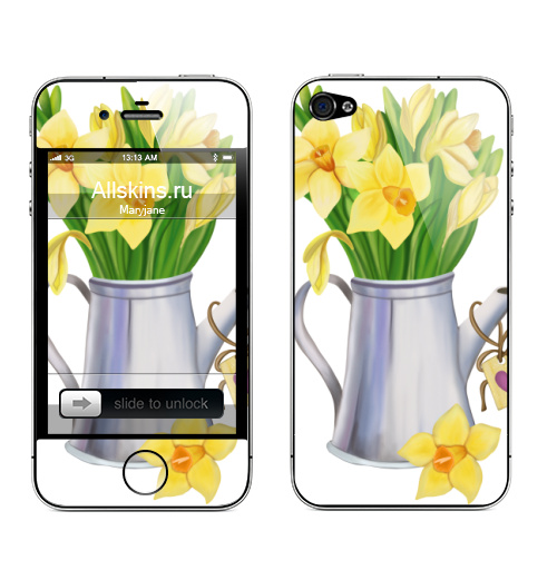 Наклейка на Телефон Apple iPhone 4S, 4 Цветы в лейке,  купить в Москве – интернет-магазин Allskins, цветы, лето, мило, красота, 8 марта, модный, летний, натуральное, желтый, яркий, зеленый, солечный, солнце, круто