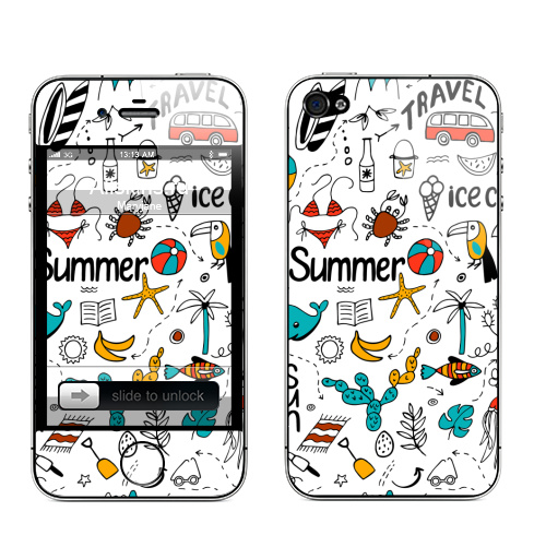 Наклейка на Телефон Apple iPhone 4S, 4 Набор летних символов в круге.,  купить в Москве – интернет-магазин Allskins, мороженое, лайн-арт, отель, автобус, путешествия, поп-арт, летний, отдых, тукан, ананас, самолет, солнце, морская, загар, доска для серфинга, фламинго, песок